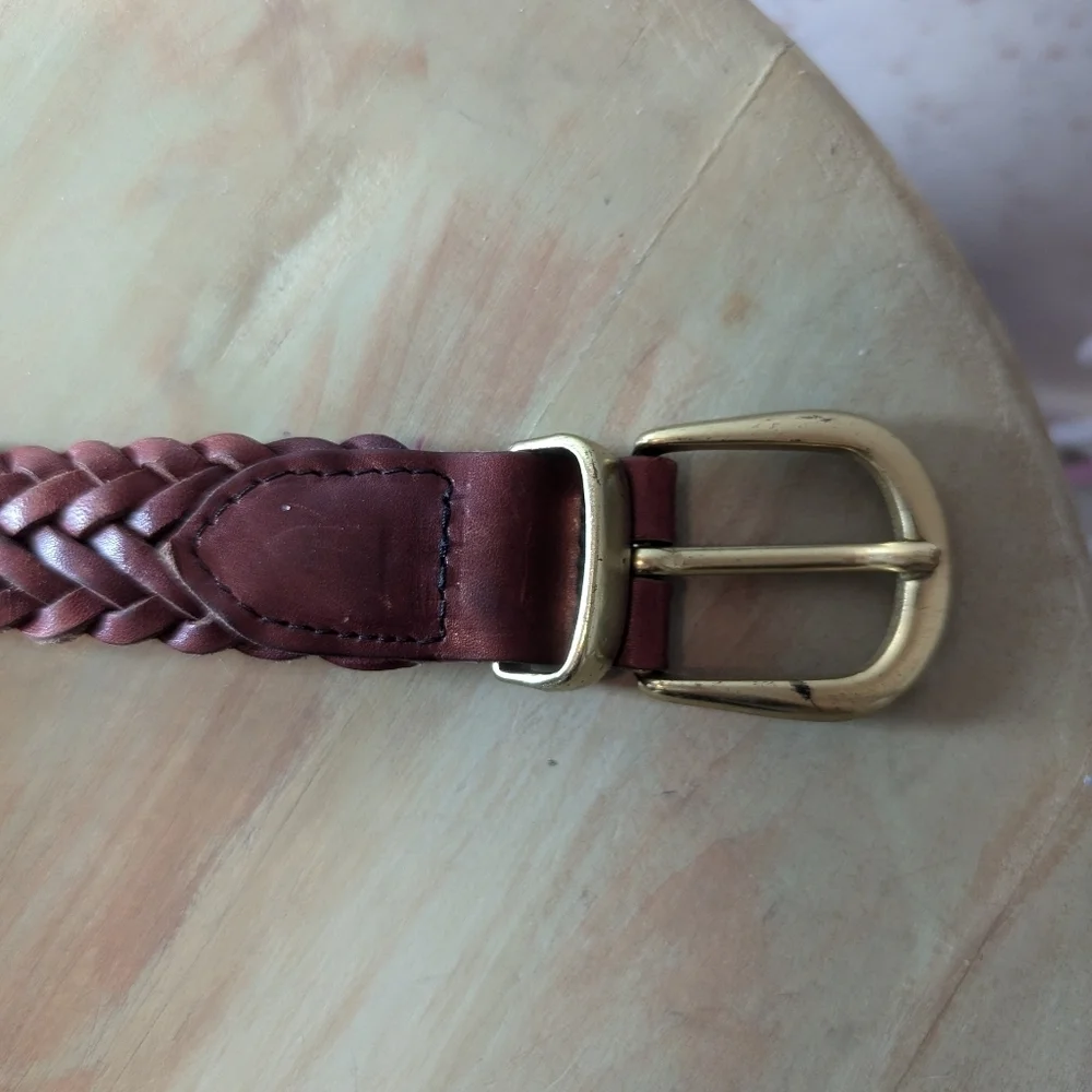 Woven Leather Braided Belt Goldtone Buckle 34
